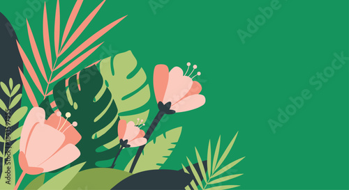 Vibrant tropical arrangement of pink flowers and lush green leaves forming a decorative botanical collage against a solid green backdrop.