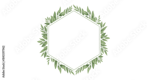 Lush green leafy wreath frames a white hexagonal center creating a natural botanical border and inviting a calm simple timeless elegance.