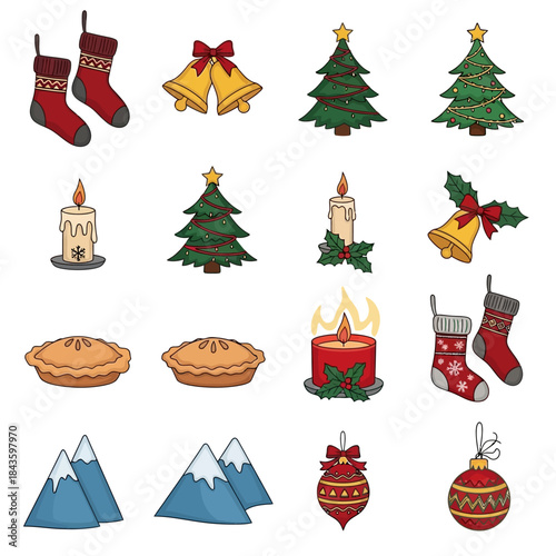 Festive holiday icon collection showcasing traditional Christmas decorations, winter symbols, and seasonal treats for cheerful digital designs