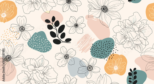 Abstract floral pattern featuring hand drawn outlines and colorful shapes creating a playful decorative background for textiles and wallpaper.