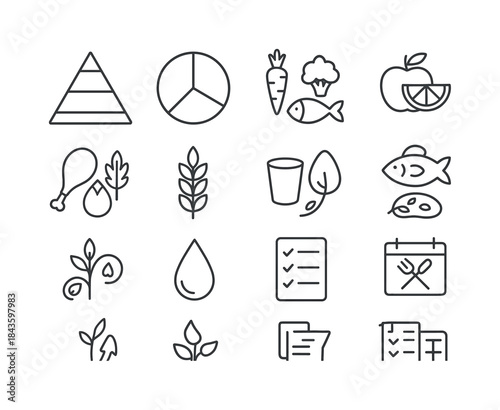 Iconic Balanced Diet. Balanced diet. Line icon set of balanced d