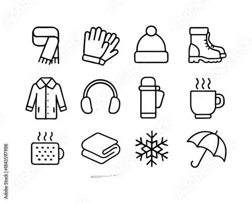 Cold Weather Icons. Cold Weather Essentials. Line icon set of co