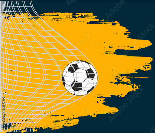 Soccer ball hitting a goal net against a distressed orange and navy blue background. Dynamic, sporty illustration of scoring.
