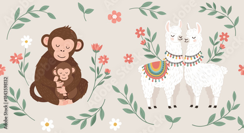 Whimsical scene of a mother monkey holding her baby while two white llamas stand nearby wearing colorful decorative saddles among leaves and flowers.