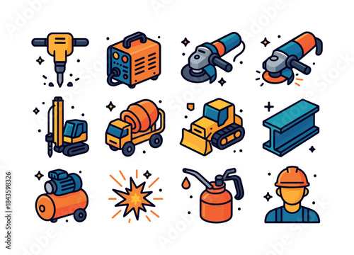 Industrial Machinery Icons. Industrial machinery. Colorful isome