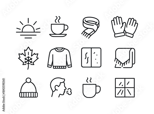 Chilly Morning Essentials. Chilly Morning Breeze. Line icon set