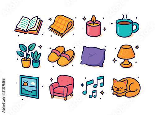 Cozy Home Icons. Relaxing at home. Colorful isometric vector ico