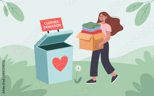 A woman carrying a box filled with clothes approaches a donations box, representing charitable actions and the spirit of giving while promoting sustainability and community support.
