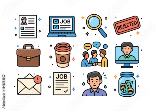 Job Hunt Icons. Job hunting during an economic downturn. Colorfu
