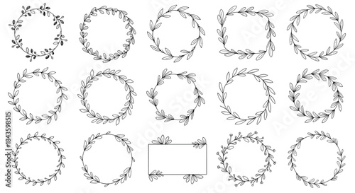 Collection of hand drawn botanical circular wreath frames arranged in a grid showcasing varied leaf designs for decorative graphic art use.