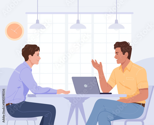 An illustration depicting two young professionals engaged in a productive conversation during a business meeting, highlighting collaboration and communication in the workplace.