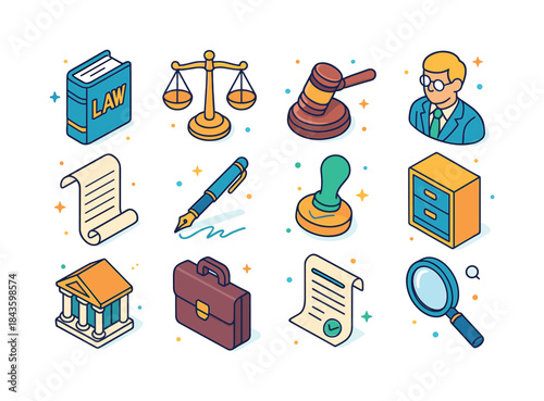 Colorful Legal Icons. Legal Contracts. Colorful isometric vector