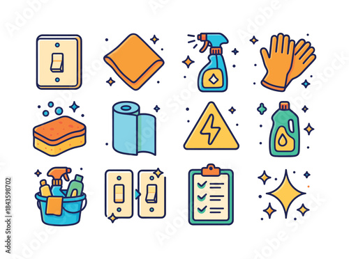 Colorful Cleaning Icons. Cleaning light switches. Colorful isome