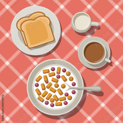 A cozy breakfast spread featuring a bowl of cereal, milk, toast, and coffee, representing a warm start to the day and inviting moments shared over food.