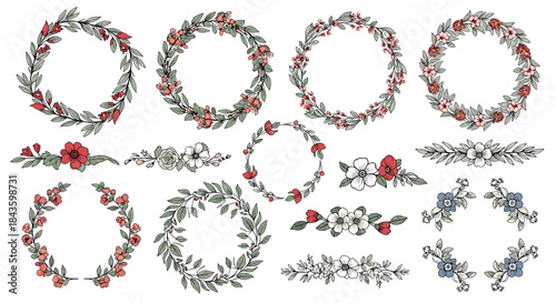 Decorative floral wreaths and garlands with red pink white and blue blooms and green foliage arranged in circular frames for botanical craft design inspiration.