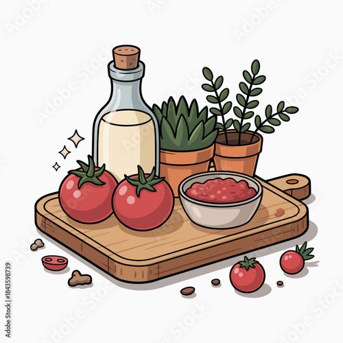 An artistic arrangement showcasing fresh tomatoes, a bottle of milk, and potted plants on a wooden cutting board, symbolizing health, culinary arts, and the joy of cooking at home.
