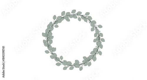 Circular wreath of soft gray green leaves arranged in a perfect circle to form a delicate natural frame for photographs and designs.