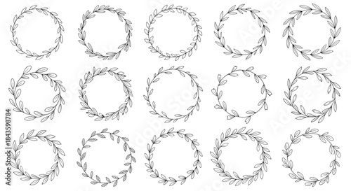 Decorative laurel wreath patterns arranged in orderly rows for vintage design elements and botanical ornamentation suitable for invitations and branding.