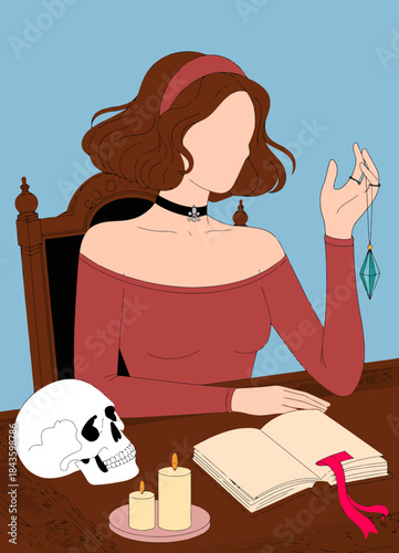A bewitching figure in a dark outfit sits at a table with candles and a skull, immersed in a ritualistic atmosphere as she engages with a pendulum and an open book.