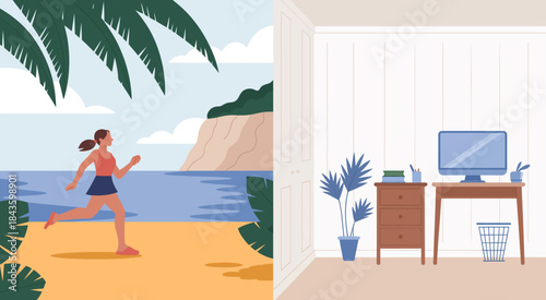 This creative split scene contrasts a sunny beach on one side and a home office on the other, highlighting the balance between work and leisure in a modern lifestyle.