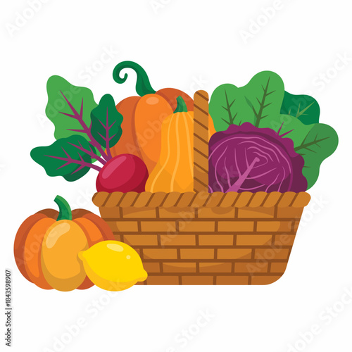 A vibrant basket overflowing with fresh vegetables including pumpkins, radishes, and leafy greens, showcasing the rich colors and diversity of seasonal produce.