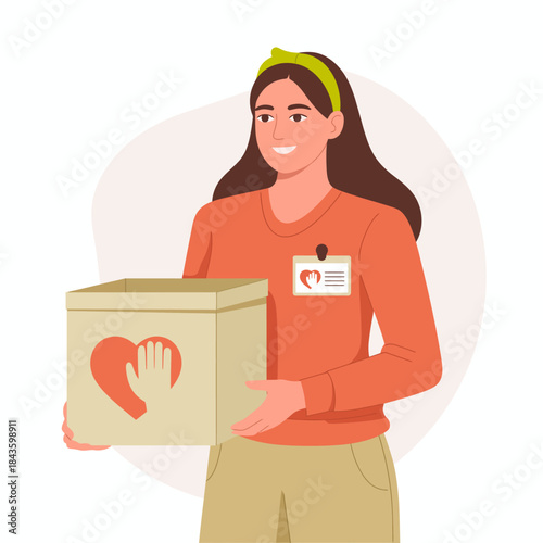 A joyful volunteer carrying a donation box, embodying the spirit of charity and community service, aimed at helping those in need and promoting goodwill.