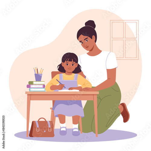 A heartwarming scene of a mother assisting her daughter with homework at a table, showcasing love, dedication, and the importance of education and family time.
