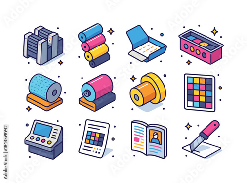 Offset Printing Icons. Offset printing. Colorful isometric vecto