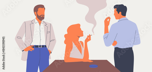 A stylish illustration depicting three characters in a retro bar, with one smoking and others observing, evoking a sense of nostalgia and human interaction in a vintage setting.