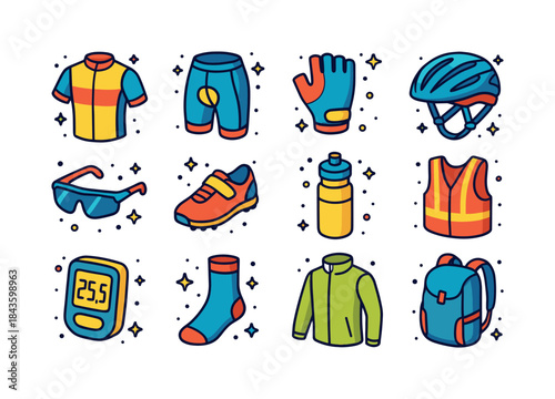 Colorful Cycling Gear Icons. Cycling apparel. Colorful isometric