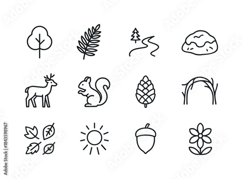 Forest Icon Set. Forest glade. Line icon set of forest glade: tr