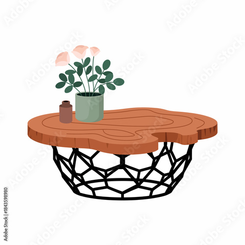 An elegant, contemporary coffee table featuring a unique design paired with a lovely plant arrangement, adding a touch of sophistication and tranquility to any living space.