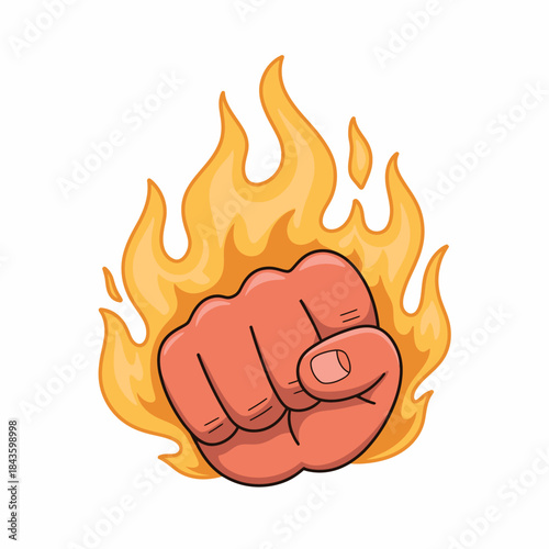 An impactful illustration of a fist encompassed by flames, representing strength, passion, and energy, capturing the essence of determination and fierce resolve in a bold visual.