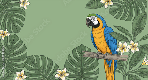 Bright tropical parrot perched on a branch among large green monstera leaves and white plumeria flowers in a lush jungle scene.