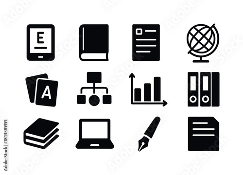 Educational Tools Icons. Learning resources. Solid icon set of l