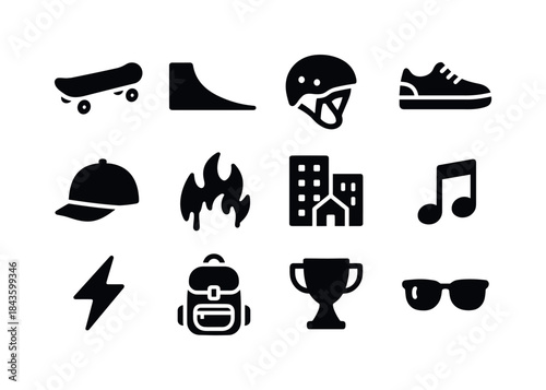 Skateboard Culture Icons. Skateboard Culture. Solid icon set of
