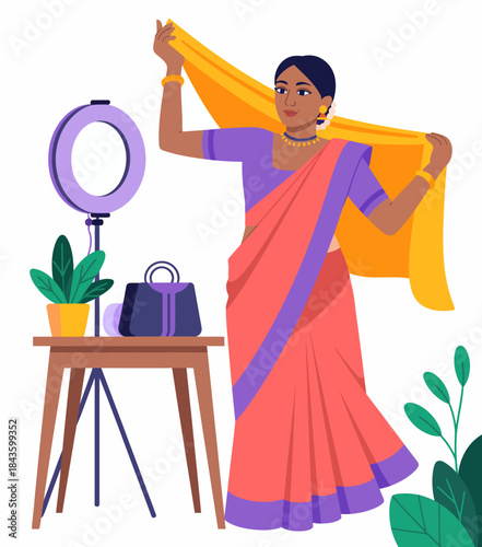 A graceful woman adorns herself with a vibrant saree while showcasing stylish accessories, embodying cultural elegance and poise in a contemporary setting.