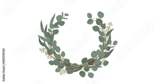 Delicate watercolor eucalyptus garland forms a gentle curved wreath with muted green leaves and tiny pale sprigs ideal for botanical home decor and invitations.