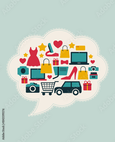 A whimsical collage of shopping and lifestyle icons reflects contemporary consumer culture and the diverse interests that permeate everyday life.