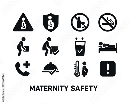 Maternity Safety Icons Grid. Maternity safety. Solid icon set of