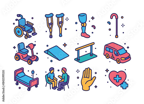 Mobility Assistance Icons. Mobility assistance. Colorful isometr
