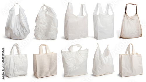 Collection of various white plastic bags, including shopping, grocery, and reusable bags
