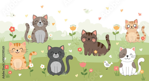 Colorful garden scene with a playful group of six cats among flowers birds and hearts under a bright sunny sky in cheerful soft tones.