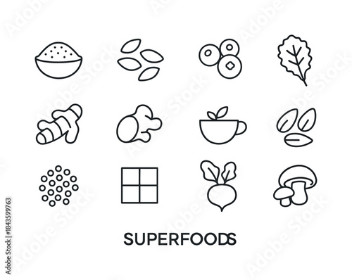 Superfoods Icon Set. Superfoods. Line icon set of superfoods: ch