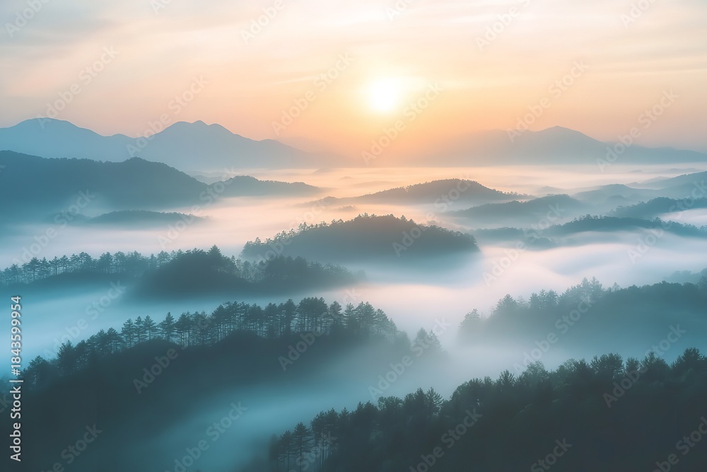 Fototapeta premium Misty mountain landscape at sunrise, foggy hills and trees under a vibrant sky with a bright sun.