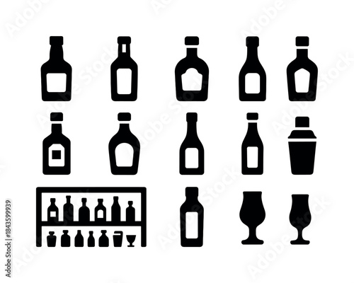 Bar Spirits Icon Set. Spirits on display in a bar. Solid icon se