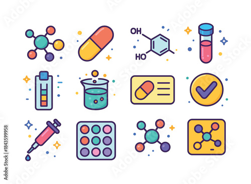 Pharmaceutical Icons Set. Pharmaceutical Compounds. Colorful iso