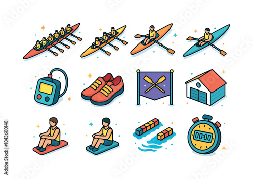 Colorful Rowing Icons. rowing team. Colorful isometric vector ic
