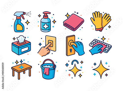 Colorful Disinfecting Icons. Disinfecting surfaces. Colorful iso