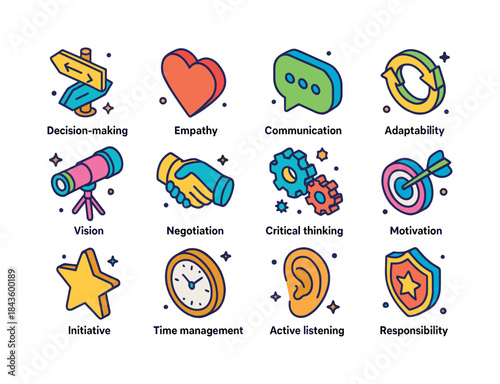 Leadership Skills Icons. Leadership skills. Colorful isometric v